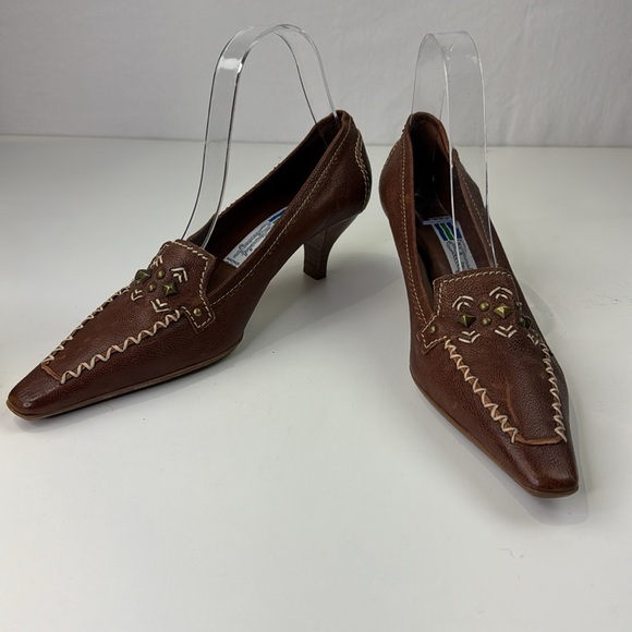 Vintage NWT Arnold Churgin Brown Leather Kitten Heel Loafers - Picture 4 of 12